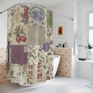 Vintage Botanical Collage Shower Curtain | Herbs Fruit Script Tiles