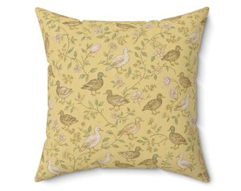 Vintage Botanical Yellow Birds Nursery Cottagecore Pillow | Yellow Floral Throw Pillow