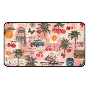 May include: Rectangular mousepad with a pink and cream collage design. The design features illustrations of palm trees, cherries, oranges, a vintage car, a sailboat, and architectural elements. Text includes "Aunere Vita" and "I Instal Love".
