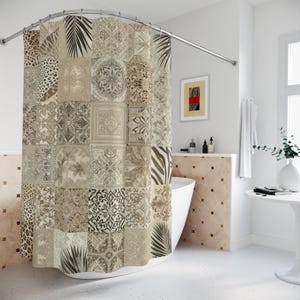 May include: A patterned shower curtain with a patchwork design. The curtain features a mix of animal prints, floral motifs, and geometric shapes in a neutral palette of beige, brown, and black. A decorative bathroom accessory.