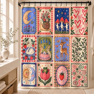 May include: A shower curtain featuring a grid of twelve rectangular panels with illustrations of a crescent moon, a snail, dancing mushrooms, red hearts, a swan with strawberries, rabbits, a fawn, flowers, a sun and moon, a frog in a tulip, a winged strawberry, and eyes.