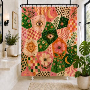 May include: A shower curtain featuring a patchwork design of various shapes filled with illustrations of suns, moons, eyes, flowers, leaves, hearts, stars, leopard print, and checkered patterns in shades of pink, green, orange, and yellow.