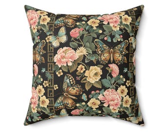 Dark Botanical Butterfly Pillow, Cozy Home Decor, Floral Cushion, Gift for Nature Lovers, Boho Throw Pillow, Vintage Style Pillow