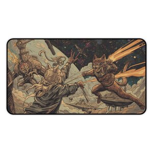 Space Samurai Cats Desk Mat | Retro SciFi Feline Battle Mousepad