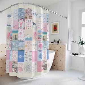 Pastel Beach Patchwork Shower Curtain | Coastal Shells, Waves, Sea Motifs
