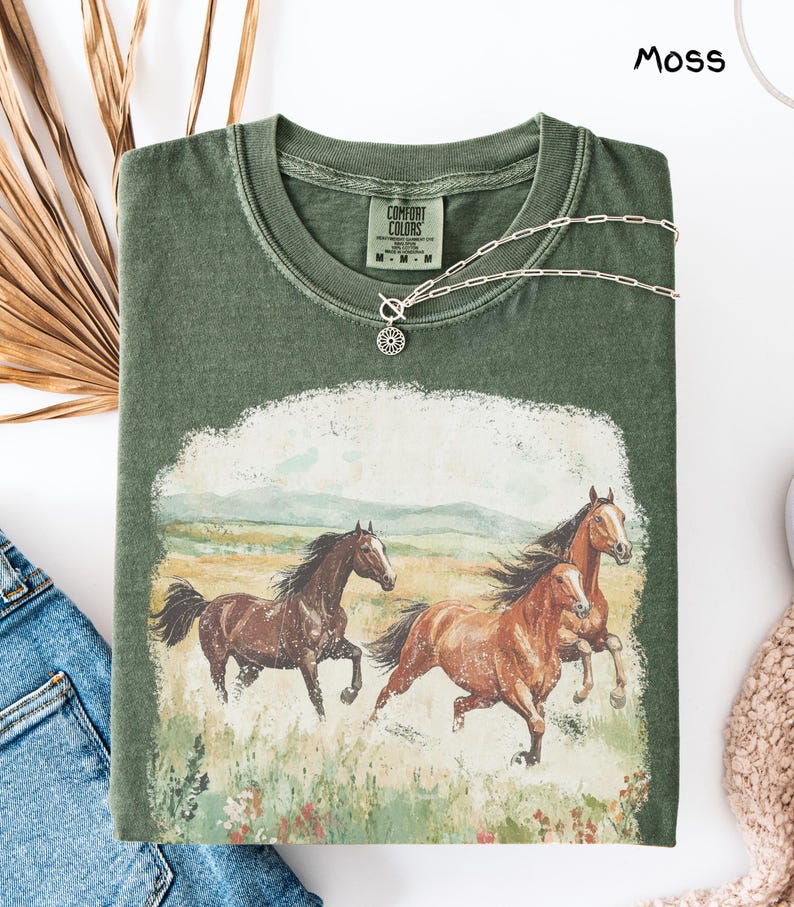 Running Horses T-shirt | Vintage Equestrian Scenic Tee Vintage Horse Rodeo Western Tee Moss