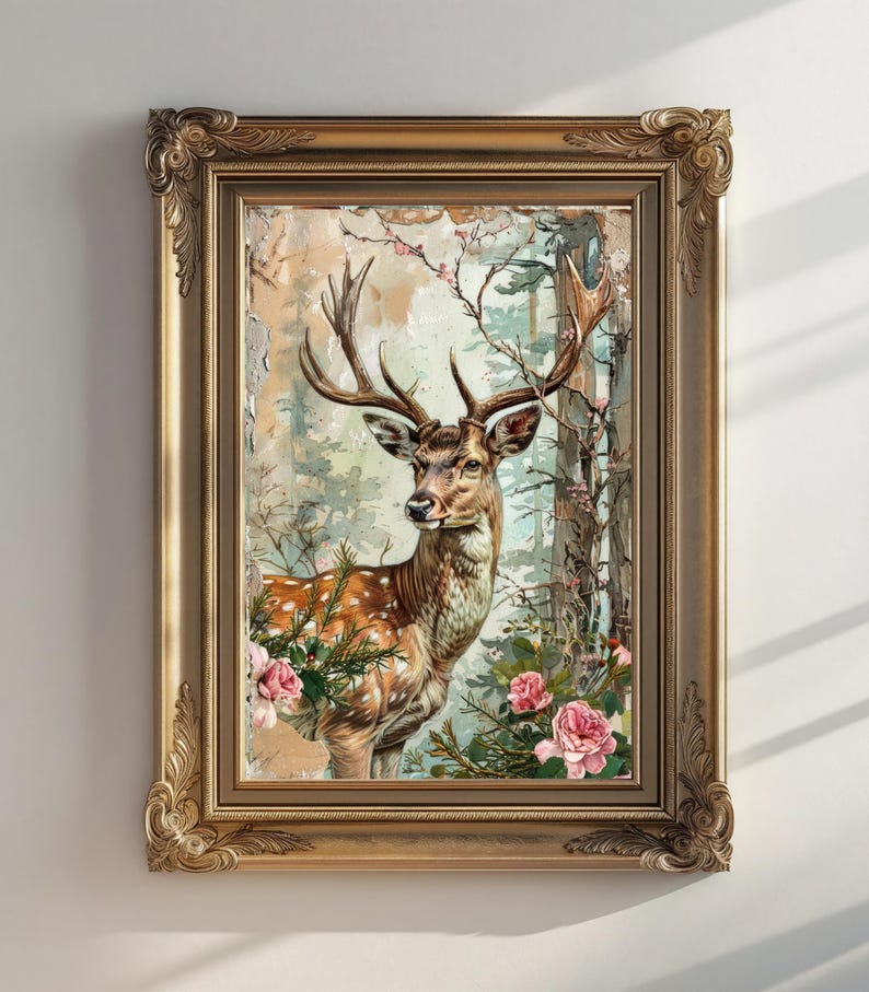 Deer Physical Rolled Poster Deer Cottagecore Pink Turquoise Forest