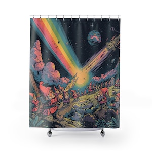 May include: A shower curtain featuring a whimsical illustration of gnomes in a cosmic landscape. The design includes a rainbow, a rocket ship, and a planet against a starry night sky. The gnomes are wearing red hats and coats.