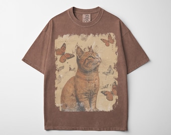 Orange Tabby Cat with Butterflies T-Shirt | Vintage Botanical Illustration Cat Tshirt