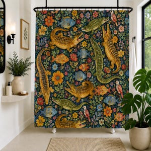 Whimsical Crocodile & Fish Pattern Shower Curtain | Tropical Floral Bathroom Decor