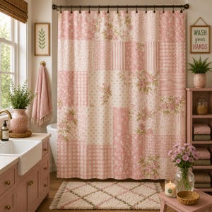 May include: A shower curtain featuring a patchwork design of various pink and white patterns, including floral prints, stripes, gingham checks, and polka dots. The curtain is suspended from a dark rod with rings and covers a bathtub area.