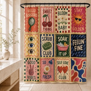 May include: A shower curtain featuring a grid of twelve rectangular panels with colourful illustrations and text. Designs include a mirror, cherries, daisies, a sun with sunglasses, eyes, a soap bar, a bathtub, a peace sign, a flower, and hearts.