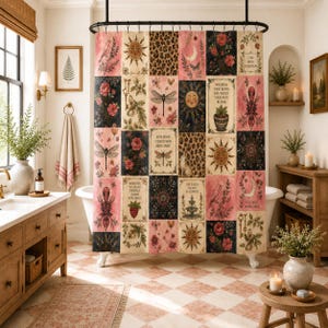 Cortina de ducha vintage con diseño de sol y luna / Decoración de baño bohemia y mística
