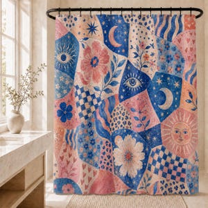 May include: A shower curtain featuring a patchwork design of blue, pink, and peach sections. The pattern includes illustrations of flowers, suns, moons, stars, eyes, hearts, and checkered squares, all arranged in a repeating, colourful collage.