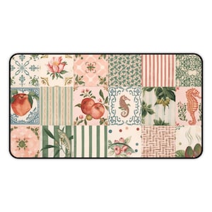 Vintage Blumen Patchwork Schreibtischmatte | Pfirsich, Grüne Streifen & Seepferdchen