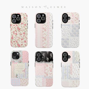 Op de afbeelding: Zes verschillende iPhone-hoesjes met bloemen- en patroondesigns. De hoesjes zijn allemaal wit met roze, blauwe en groene accenten. De hoesjes hebben verschillende patronen, waaronder bloemen, stippen en strepen. De hoesjes zijn allemaal gemaakt van hard plastic. De hoesjes zijn allemaal ontworpen voor de iPhone 13 Pro.