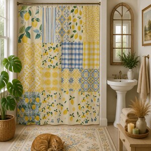 Mediterranean Lemon Patchwork Shower Curtain, Blue Yellow Italian Tile Bathroom Decor, Amalfi Coast Watercolor Citrus Aesthetic Bath Art