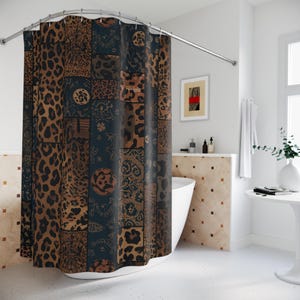 Rideau de douche en patchwork léopard | Rideau de salle de bain en patchwork à imprimé animal