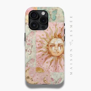 Boho Sun Celestial Phone Case Retro Pastel Butterfly Moth Pink Gold Cute Trendy Coquette Case iPhone 15 14 13 12 11 Pro Max