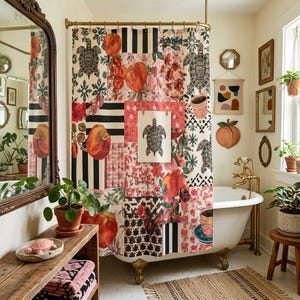 May include: A patchwork shower curtain with a variety of patterns, including peaches, turtles, and floral designs. The curtain is hung in a bathroom with a clawfoot tub, wooden accents, and decorative wall art.