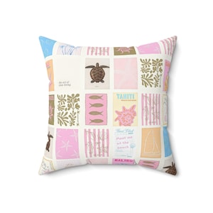 May include: Square throw pillow with a patchwork design featuring tropical illustrations in pink, blue, and beige. The pillow includes images of a turtle, fish, and a seashell, with text that reads "the art of slow living" and "Meet me at the beach."