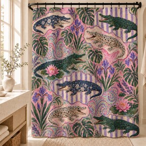 Boho Crocodile Paisley Botanical Shower Curtain | Pink Purple Floral Alligator Pattern