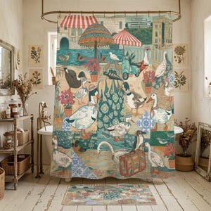May include: A shower curtain and matching bath mat featuring a colorful illustration of ducks in a European town setting. The scene includes ducks wearing hats and scarves, a vintage scooter, a suitcase, umbrellas, and potted flowers in shades of blue, green, and red.