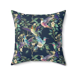 Blue Hummingbird Decorative Pillow, Cozy Home Accent, Nature-Inspired Gift, Floral Throw Pillow, Bird Lover Decor