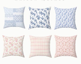 Decorative Pillow Floral Print Accent Pillow Coquette Cottagecore Blue Floral Pillow Toile de Jouy Victorian Romantic