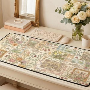 May include: A rectangular desk mat with a patchwork design featuring floral and framed illustrations in soft pastel colors. The mat has a black border and is placed on a white desk. A keyboard, mouse, and other desk accessories are also visible.