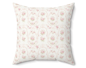Decorative Floral Pillow Throw Pink Roses Shabby Chic Cottagecore Coquette Victorian Flower Botanical Pillow Baby Nursery Square Pillow