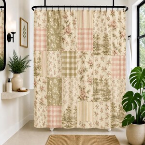 Vintage Floral Boho Patchwork Shower Curtain | Cottagecore Pink Green Victorian Romantic Soft Shabby Chic