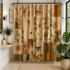 May include: A shower curtain featuring a patchwork design with various illustrations including cow skulls, suns, cowboy boots, and floral patterns in shades of brown, tan, orange, and green. The curtain hangs from a black rod with circular rings.
