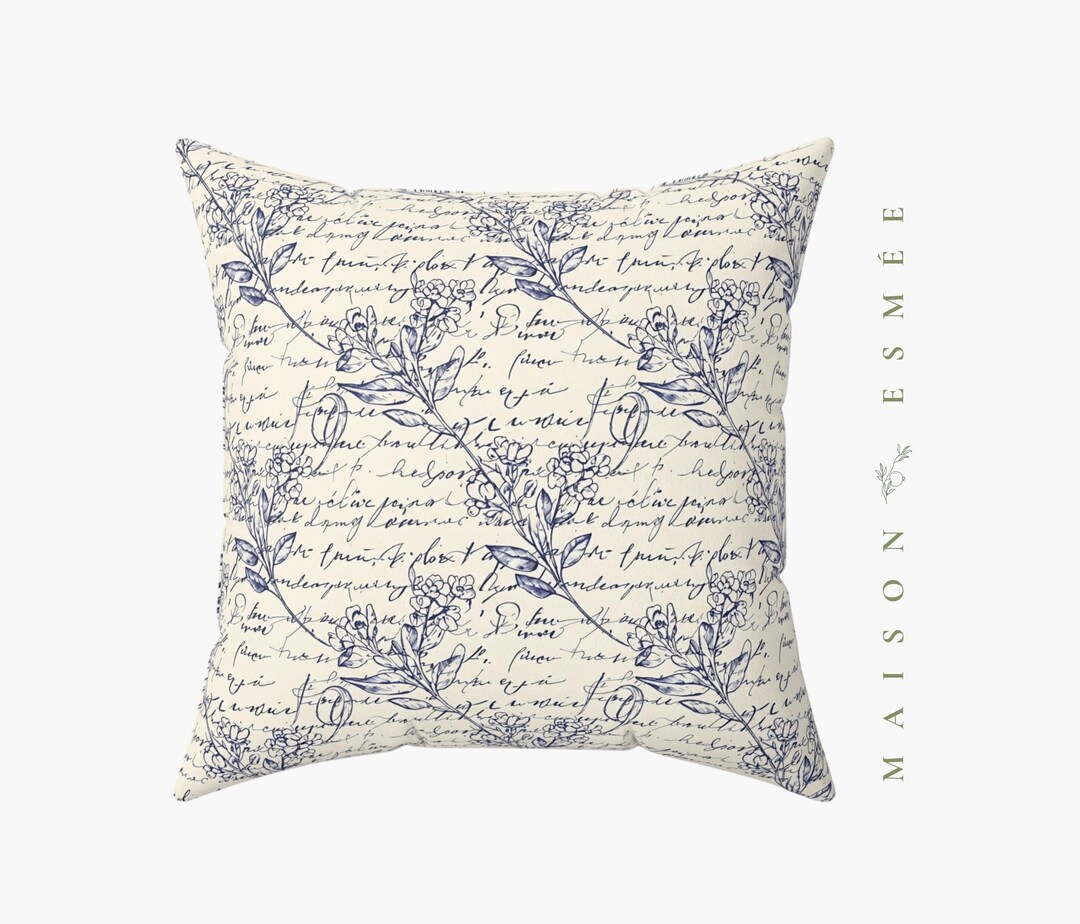 Vintage Script Floral Pillow | Blue Botanical Throw Pillow Farmhouse ...