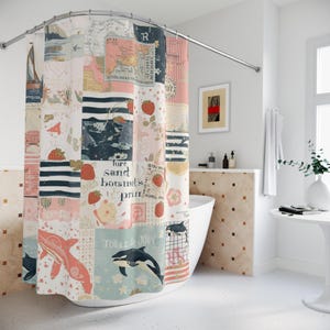 May include: A patchwork shower curtain featuring nautical and botanical designs. The curtain includes images of sailboats, whales, strawberries, and floral patterns. The text "Ture sand bounds print" is visible on the curtain.