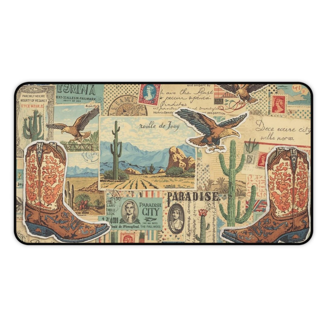 Vintage Western Collage Desk Mat | Cowboy Boots, Cactus, Eagles - Etsy