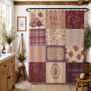 May include: A shower curtain featuring a patchwork design with various autumn-themed patterns including pumpkins, maple leaves, acorns, and plaid. The text reads FALL, PUMPKIN PATCH ADMIT ONE HAYRIDES APPLES PIES 092817, and THANKFUL in a muted color palette.