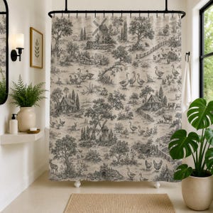 Vintage Farmhouse Toile de Jouy Gray Cream Shower Curtain - Rural Windmill & Animal Design - Elegant Country Cottage Bathroom Decor