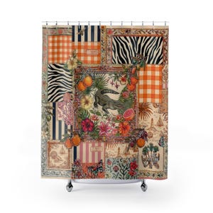 May include: A shower curtain with a patchwork design. It features an alligator illustration surrounded by tropical flowers and fruit. The design incorporates zebra stripes, orange gingham, and nautical elements. The colour palette includes beige, orange, and green.
