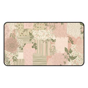 May include: Rectangular patchwork design featuring various floral and geometric patterns in shades of pink, beige, and green. The design includes stripes, polka dots, and floral motifs, creating a vintage aesthetic. The edges are framed with a black border.