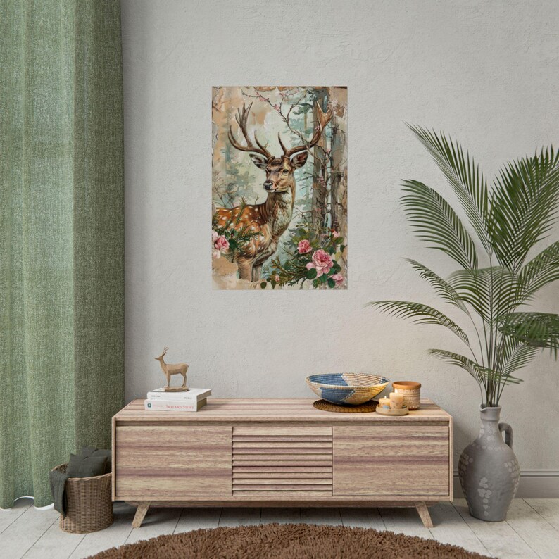 Deer Physical Rolled Poster Deer Cottagecore Pink Turquoise Forest