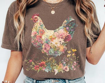 Chicken Shirt Cute Farmhouse Floral Rooster T-shirt | Chicken Silhouette with Watercolor Flowers