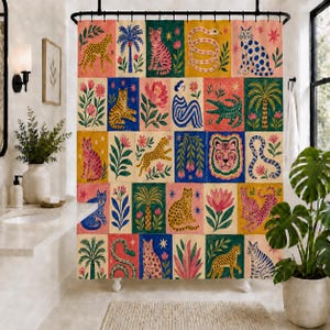 May include: A shower curtain featuring a grid of colourful rectangular panels, each displaying illustrations of various animals including leopards, tigers, snakes, and crocodiles, interspersed with botanical motifs like palm trees and flowers.