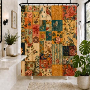 May include: A shower curtain featuring a patchwork design of rectangular panels with various floral patterns, botanical illustrations, and depictions of birds including an owl and songbirds in shades of orange, yellow, blue, and deep red.