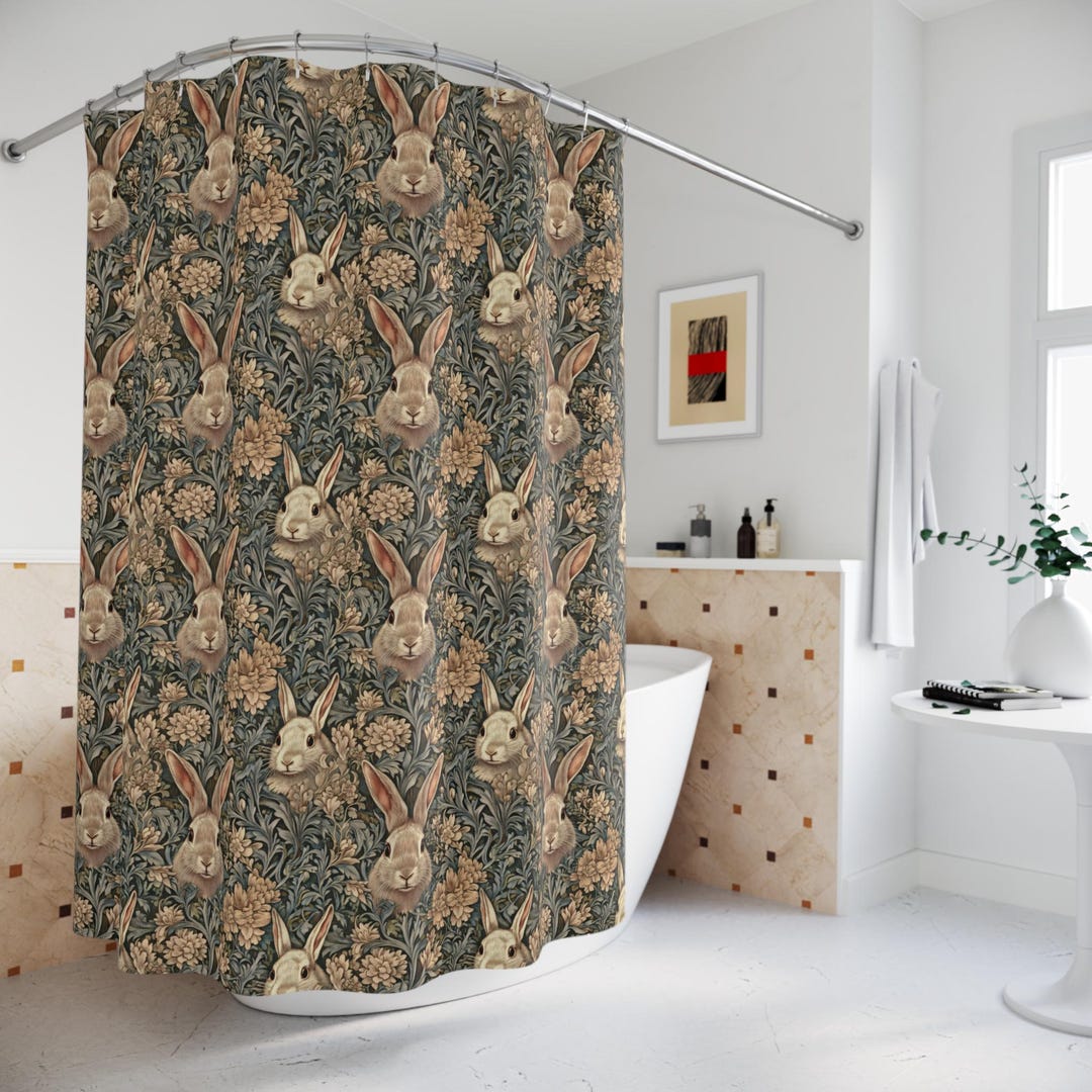 Vintage Floral Rabbit William Morris Style Botanical Green Shower ...