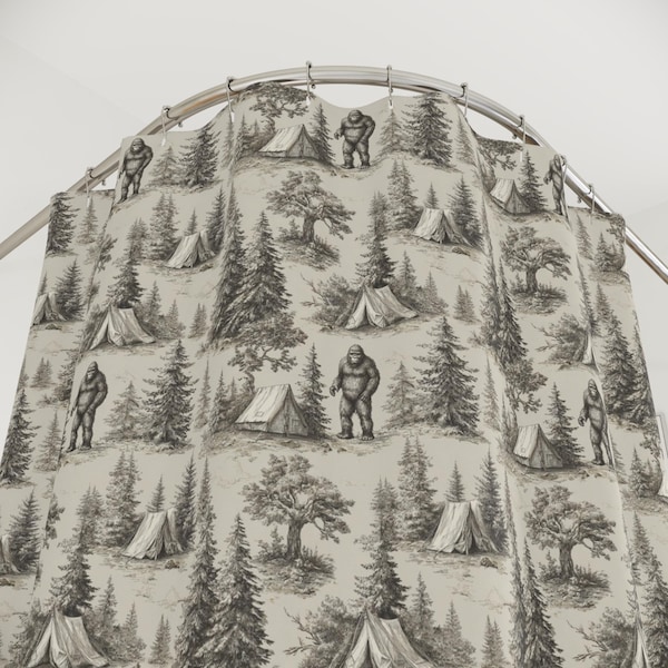 Vintage Camping Yeti Big Foot Shower Curtain | Tent, Trees & Hiker Toile