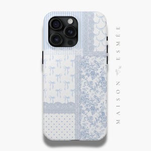 iPhone 16 Pro Case Coquette Lace Quilt Blue Floral Retro Collage Phone Case for iPhone Cottagecore Shabby Chic Toile de Jouy