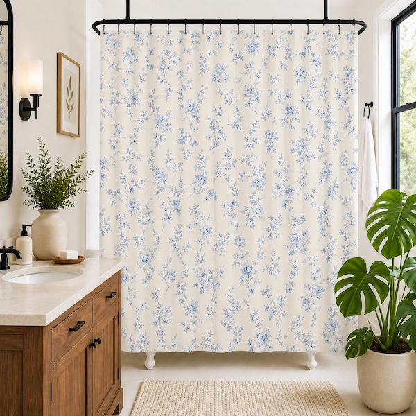 Blue Floral Vintage Pattern Shower Curtain | Cottagecore Bathroom Decor