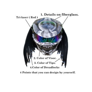 May include: A detailed image of a motorcycle helmet with a menacing design. The helmet features a red tri-laser, details on the fiberglass, a multi-colored visor, and black dreadlocks. The text indicates customizable design options.