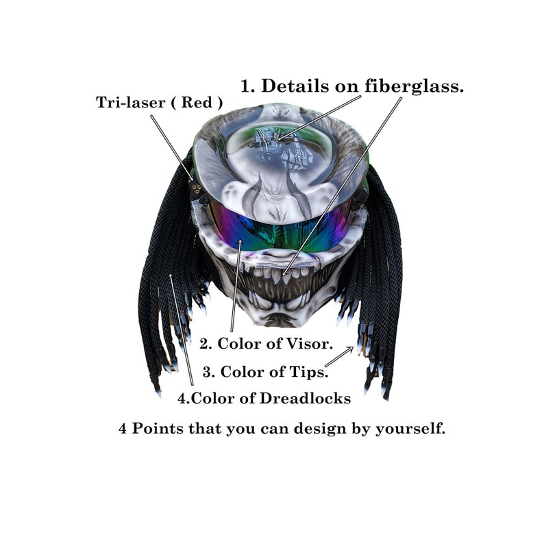 May include: A detailed image of a motorcycle helmet with a menacing design. The helmet features a red tri-laser, details on the fiberglass, a multi-colored visor, and black dreadlocks. The text indicates customizable design options.